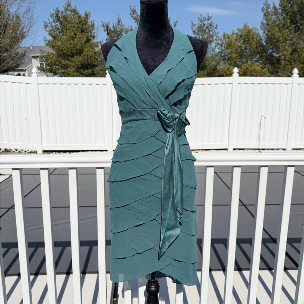 Tadashi Ruffle Layered Halter Silk Midi Dress in Teal 90s Size 4 Petite